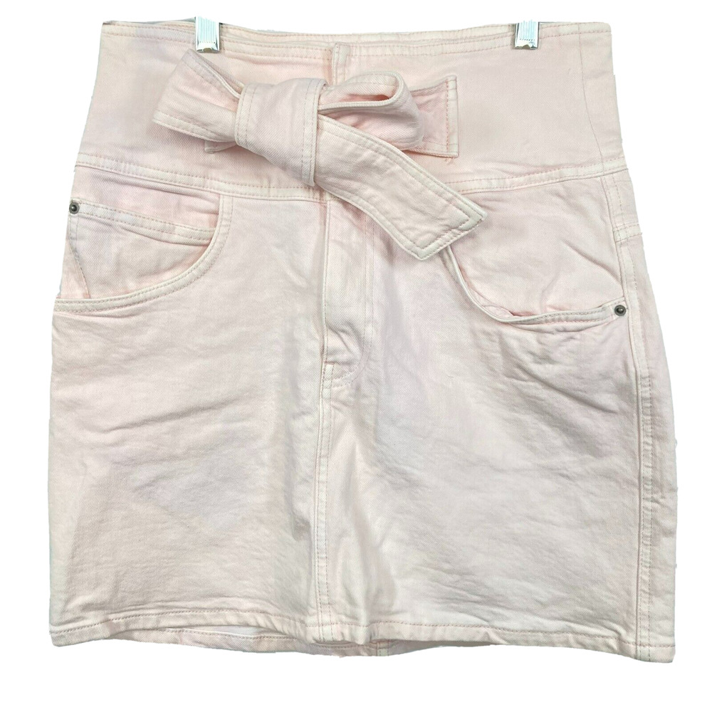 Rebecca Minkoff Skirt Womens Sz S Pink White Denim Pencil Mini Stretch Tie Waist